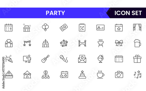 Party vector web line icon collection, sleek illustrations of calendars, tickets, venues, decorations for organized, festive designs.