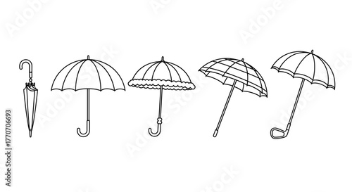 A minimalist, vector cartoon illustration of a collection of umbrellas and parasols, depicted with thin, clean lines against a stark white background, offering a simple yet elegant visual
