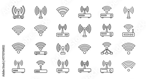 Collection of line icons representing WiFi and routers, symbolizing wireless internet connection and network technology. This vector outline pictogram pack is ideal for web, mobile applications, and