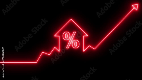 Home icon house sign neon lights animation with up success arrow persentage increase. Neon House, home building animation. Neon home button icon animation