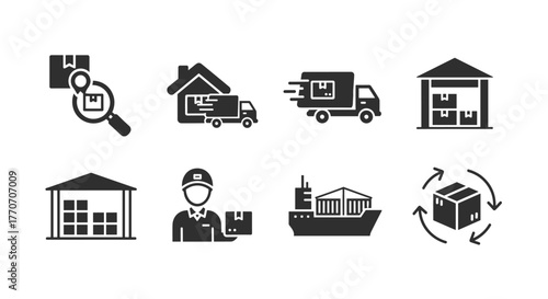 Ecommerce icon set featuring order tracking with a magnifying glass over a package, home delivery truck, fast delivery truck, warehouse with boxes, courier holding a package, cargo ship, and a