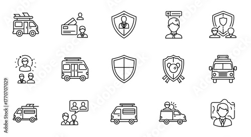 Set of modern outline style icons featuring vans, shields, and people, suitable for design elements, cards, apps, and social networks, presented as a vector cartoon illustration on a black background