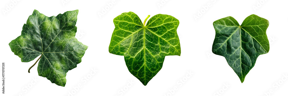 Fototapeta premium Three detailed green ivy leaves with visible veins isolated on a transparent background