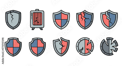 Collection of cracked shield pictograms and icons, representing broken protection, vulnerability, and security failure. Includes various shield designs, some divided into quadrants, others with