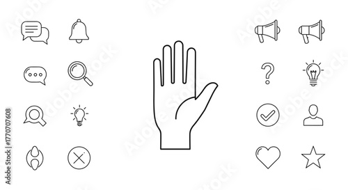 Collection of minimalist line art icons representing communication, search, ideas, and actions, centered around a prominent raised hand symbol, perfect for digital interfaces and conceptual designs.
