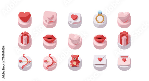 Collection of 3D love-themed icons, including hearts, gifts, lips, engagement ring, cupid's bow and arrow, teddy bear, and envelopes, presented in a clean, organized grid on a white background