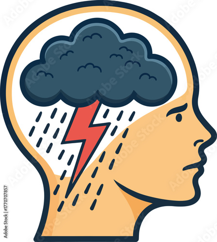 Human head profile with dark storm cloud lightning and rain inside Mental health silhouette brain