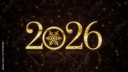 Shimmering golden numerals 2026 with animated snowflake and floating golden particles. Elegant New Year scene for greetings and festive intros. Looped background