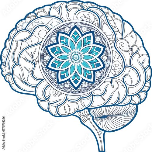 Intricate blue mandala flower design within a stylized human brain outline Mental health mind psychology