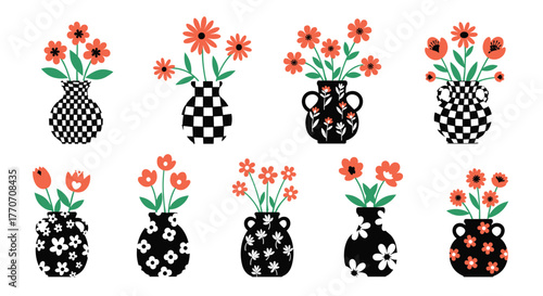 Charming collection of illustrated black and white vases featuring checkerboard and floral designs, each holding bright red and orange flowers.