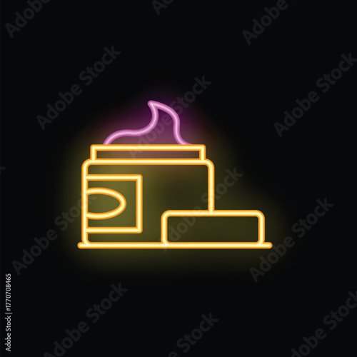 Neon sign of an open jar of cosmetic cream with a box, glowing on a black background, perfect for beauty and skincare themes