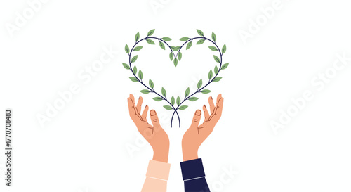 Hands cradling a heart-shaped wreath of green leaves, symbolizing care for nature, love, and sustainability.