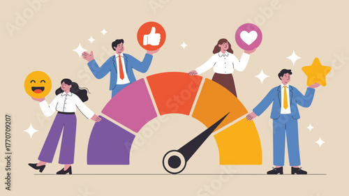 Diverse Business Team with Smiley Emojis Vector – Employee engagement concept showing workplace happiness, teamwork, and HR motivation in modern flat illustration style for corporate design projects.