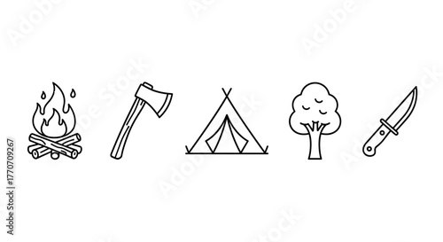Collection of outline icons representing outdoor adventure and survival: a roaring bonfire, a sharp axe, a sturdy tent, a leafy tree, and a functional knife, all with editable strokes, perfect for