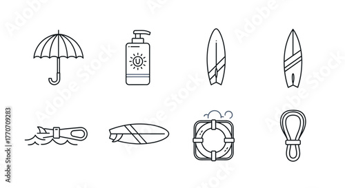 Collection of essential summer and beach icons: umbrella, sunscreen bottle, surfboards, lifeline, and rope, all rendered in a clean, thin-line style suitable for digital applications, websites