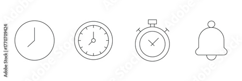 Wall clock, analog timer, stopwatch, notification bell icon set, time management vector illustration, outline minimal symbol, schedule alert.