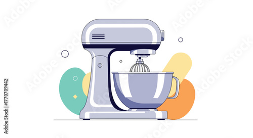 An illustration of a modern silver stand mixer with a whisk and bowl, set against abstract colorful shapes, perfect for culinary projects.