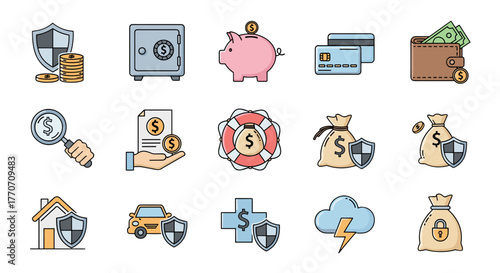 Modern Outline Style Icons Representing Money and Insurance Concepts: A Vivid Collection for Design, Apps, and Social Networks, Featuring a Safe, Piggy Bank, Credit Cards, Wallet, Magnifying Glass