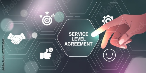 Service Level Agreement Illustration: A modern illustration highlighting key elements associated with service level agreements (SLAs), emphasizing business goals, collaboration, customer satisfaction.