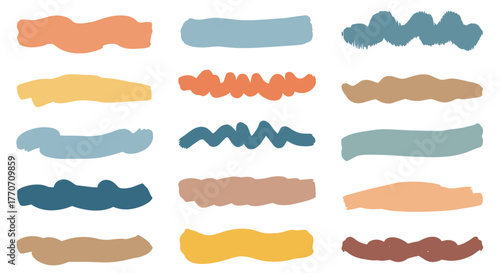 Collection of abstract hand-drawn brush strokes and organic paint swatches in a muted, earthy color palette on a white background.