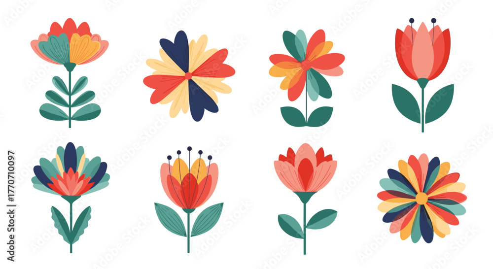 Fototapeta premium Collection of vibrant, stylized floral illustrations on a white background.
