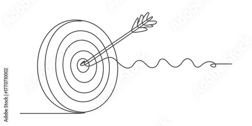 Continuous one line drawing of an arrow hitting a target symbolizing precision and success vector