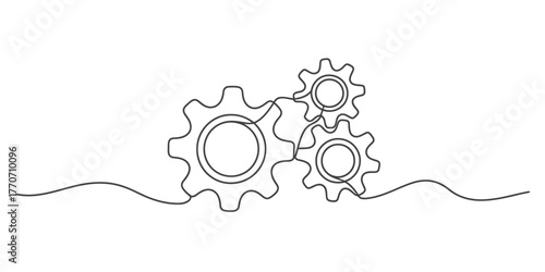 Continuous one line drawing of interlocking gears showing mechanical synergy and connectivity vector