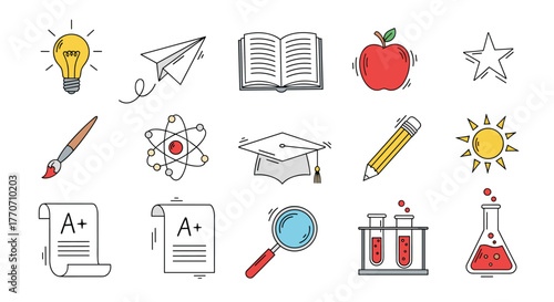 A collection of colorful hand-drawn icons illustrating education, learning, school, and academic concepts.