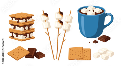 Delicious illustrations of s'mores, roasted marshmallows on sticks, and a cozy mug of hot chocolate, with individual ingredients like graham crackers and chocolate.