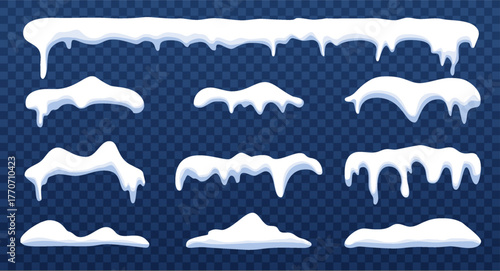 Icy snow cap collection. Winter frost decoration. Border frozen frame isolated design