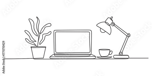 A continuous one line drawing capturing a minimalist desk scene with a laptop plant and lamp vector