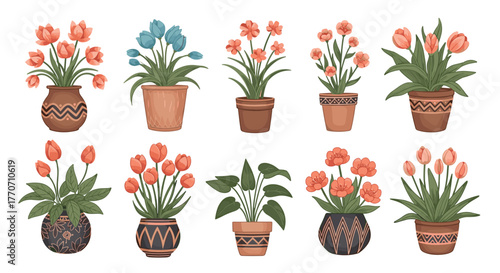 A vibrant collection of potted flowers and green plants, including tulips and diverse botanical varieties, in decorative terracotta and ceramic pots.