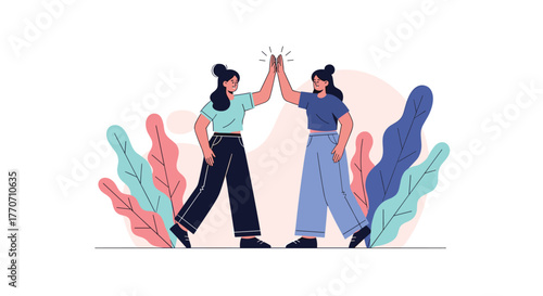 Illustration of two women high-fiving each other, representing successful teamwork, friendship, and positive collaboration.