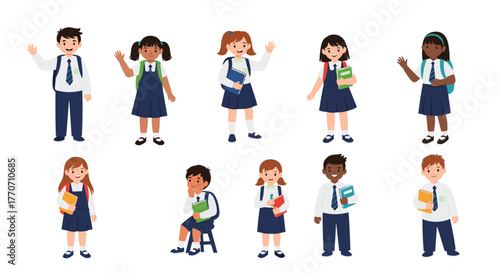 A diverse group of happy and smiling school children wearing uniforms and carrying books and backpacks, ready for education.