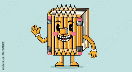 Cartoon character book with pencil features waving cheerfully  