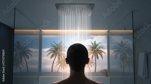 Person Showering with Palm Tree View, Modern Bathroom, Relaxing Tropical Scene