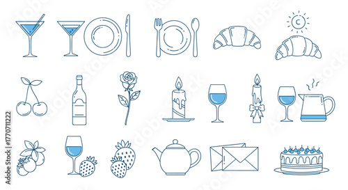 A set of elegant line art icons depicting culinary items, beverages, and elements for celebration and romantic dining.