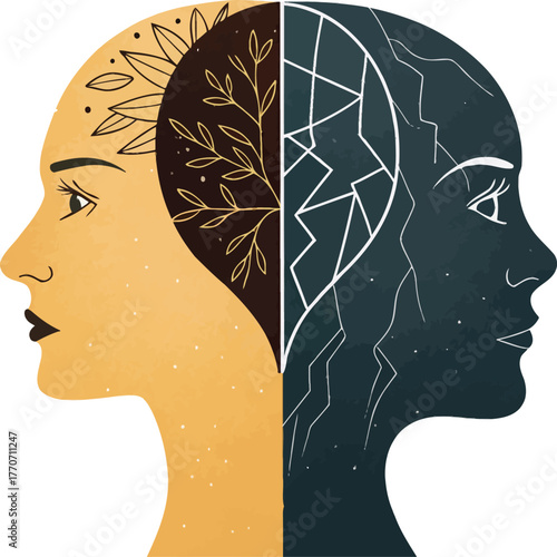Split profile silhouette with contrasting internal designs representing duality Mental health split personality