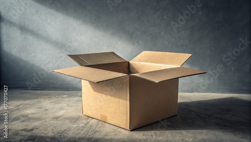 Empty kraft cardboard box illuminated by angled sunlight on concrete floor, ideal for delivery, moving, or product packaging themes.