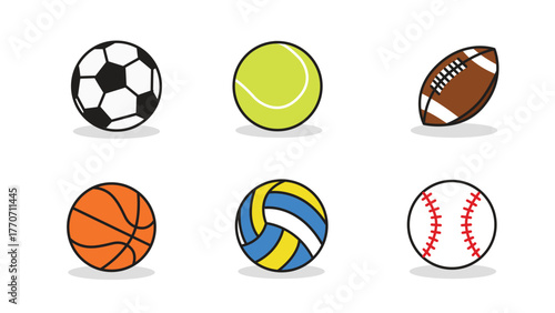 Sport Ball Collection Vector with Soccer, Tennis, Basketball, Volleyball, Football, and Baseball Icons