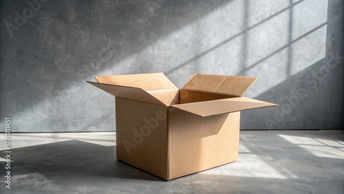 An open cardboard box on concrete floor near window with gentle sunlight and shadow, symbolizing packing, moving, or e-commerce shipping.