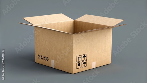 Corrugated cardboard box with open flaps and shipping icons on gray background, representing packaging, delivery, or moving concept.