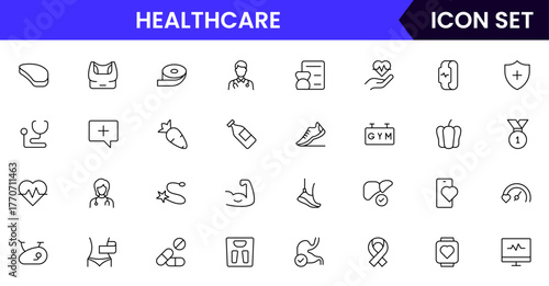 Healthcare vector web line icon collection, sleek illustrations of wearables, heart monitors, fitness apps for wellness-focused designs.