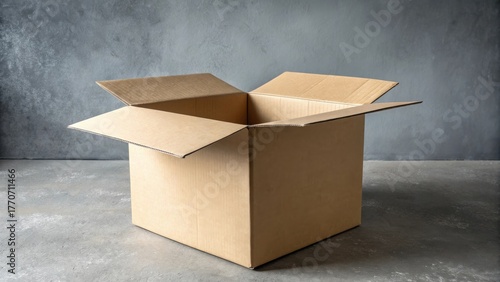 Open empty cardboard box placed on concrete floor with neutral gray wall, perfect for packaging, delivery, or storage themes.