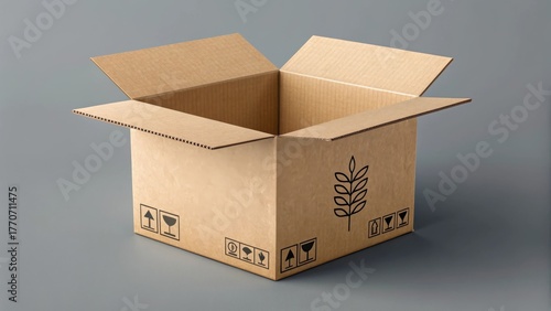 Open kraft cardboard box with eco leaf and shipping icons on gray background, representing sustainable packaging and delivery concept.
