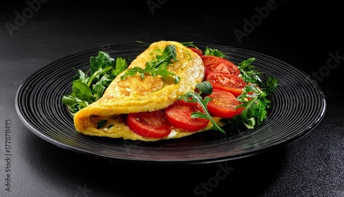 Warm Omelette Filled Juicy Tomatoes Fresh Greens Sits Atop Sleek Black