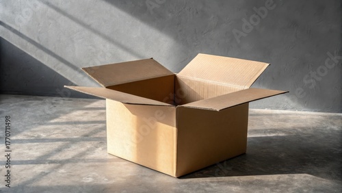 Empty cardboard box on concrete floor with sunlight streaming through window, representing e-commerce shipping or packaging theme.