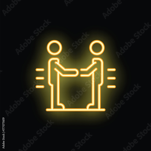 Neon sign of two businessmen quickly shaking hands on a black background