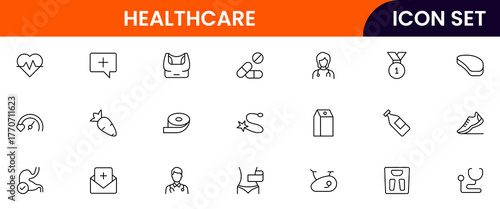 Healthcare vector web line icon collection, sleek illustrations of wearables, heart monitors, fitness apps for wellness-focused designs.