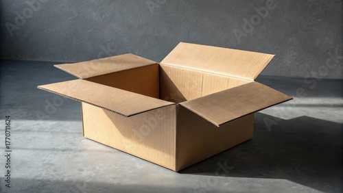 Cardboard box with open flaps illuminated by natural sunlight on concrete floor, symbolizing delivery, packing, or storage concept.